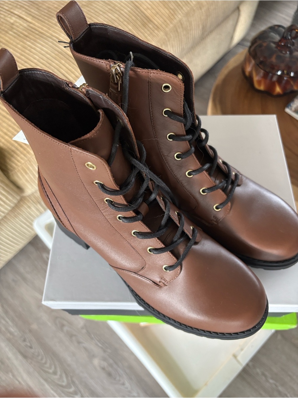 Cole Haan Brown Leather Lace-Up Ankle Boots with Gold Eyelets